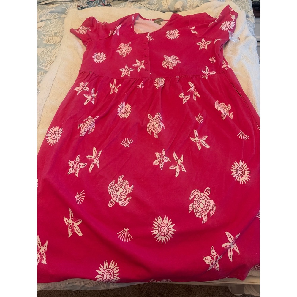 Pink Sea Turtle Starfish Coastal Midi Dress Short Sleeve Pockets Plus Size 4X